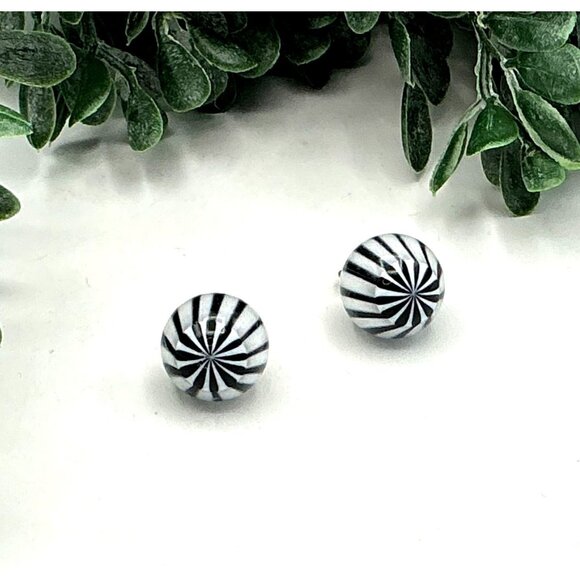 Striped Black & White Round Stud Earrings - Picture 2 of 6